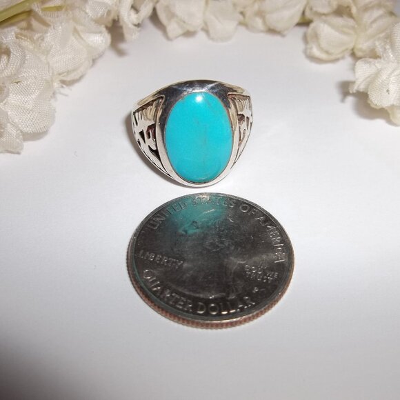 Vintage Turquoise Silver Navajo Ring Phoenix Unisex US Size 8.25 Jewelry D162 - Picture 4 of 6